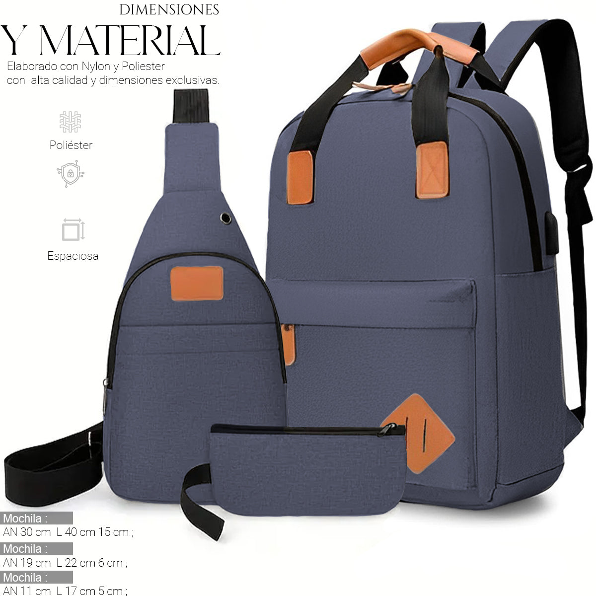 Mochila Backpack Impermeable Set De 3pzs Con Riñonera Y Puerto Usb