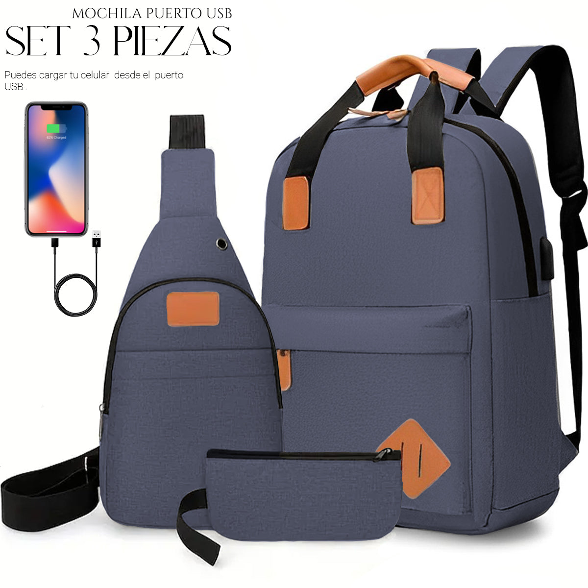 Mochila Backpack Impermeable Set De 3pzs Con Riñonera Y Puerto Usb