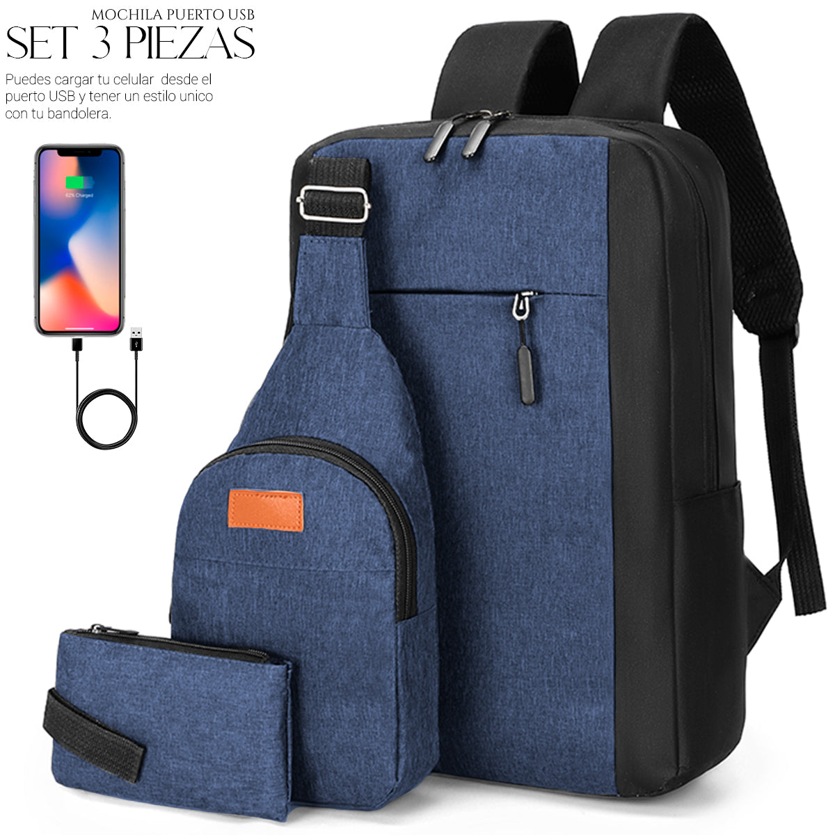 Mochila Backpack Impermeable Set De 3pzs Con Riñonera Y Puerto Usb