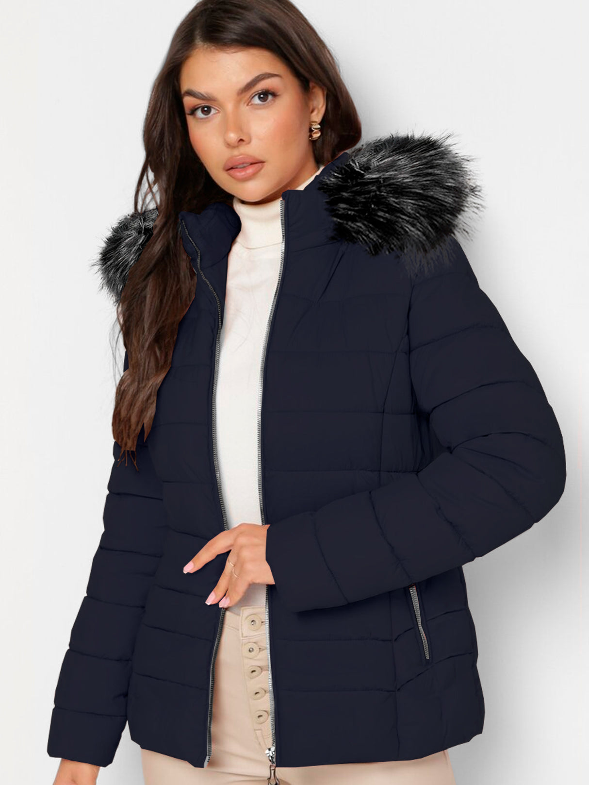 Chamarra Para Mujer Poliéster Cálido Con Cuello Tipo Piel