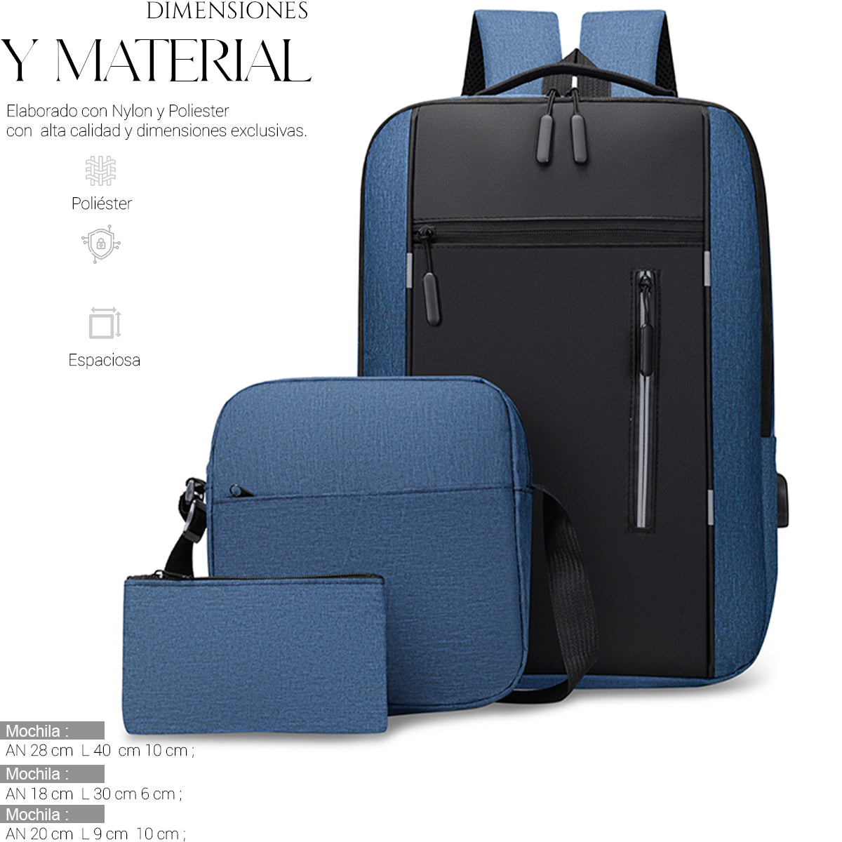 Set Mochila Backpack Con Puerto Usb (3pzas)
