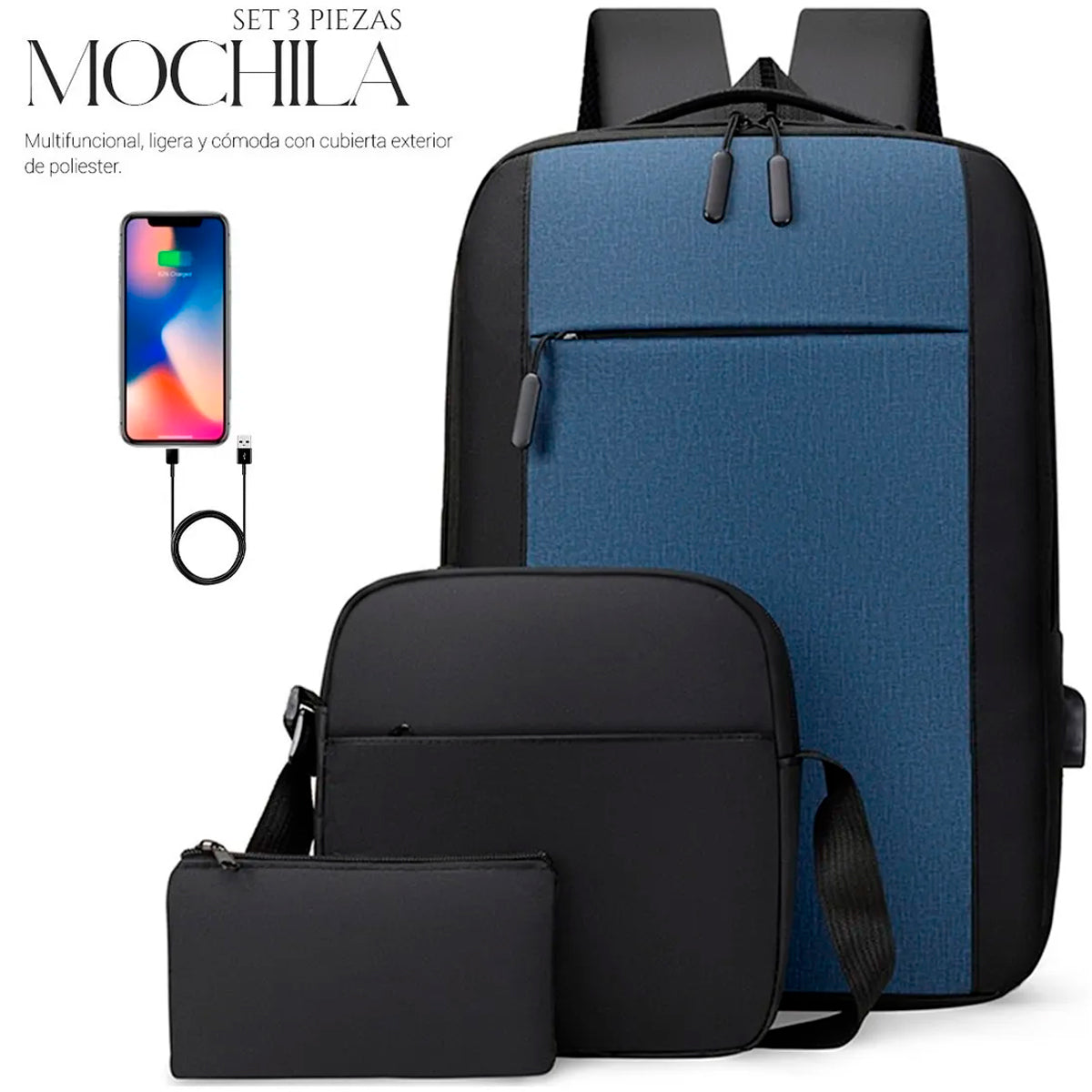 Set Mochila Backpack Con Puerto Usb (3pzas)
