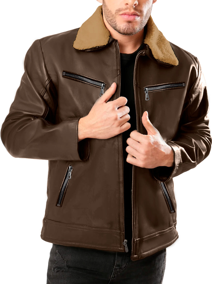 Chamarra Vinipiel Hombre Biker Chaqueta Impermeable Cuello Aborregado