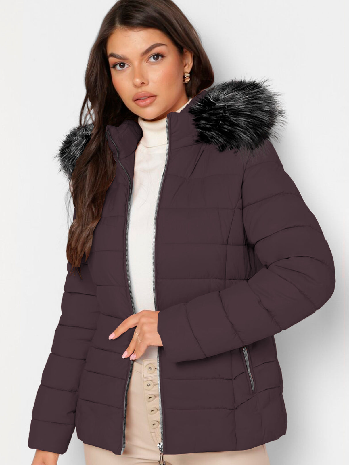 Chamarra Para Mujer Poliéster Cálido Con Cuello Tipo Piel