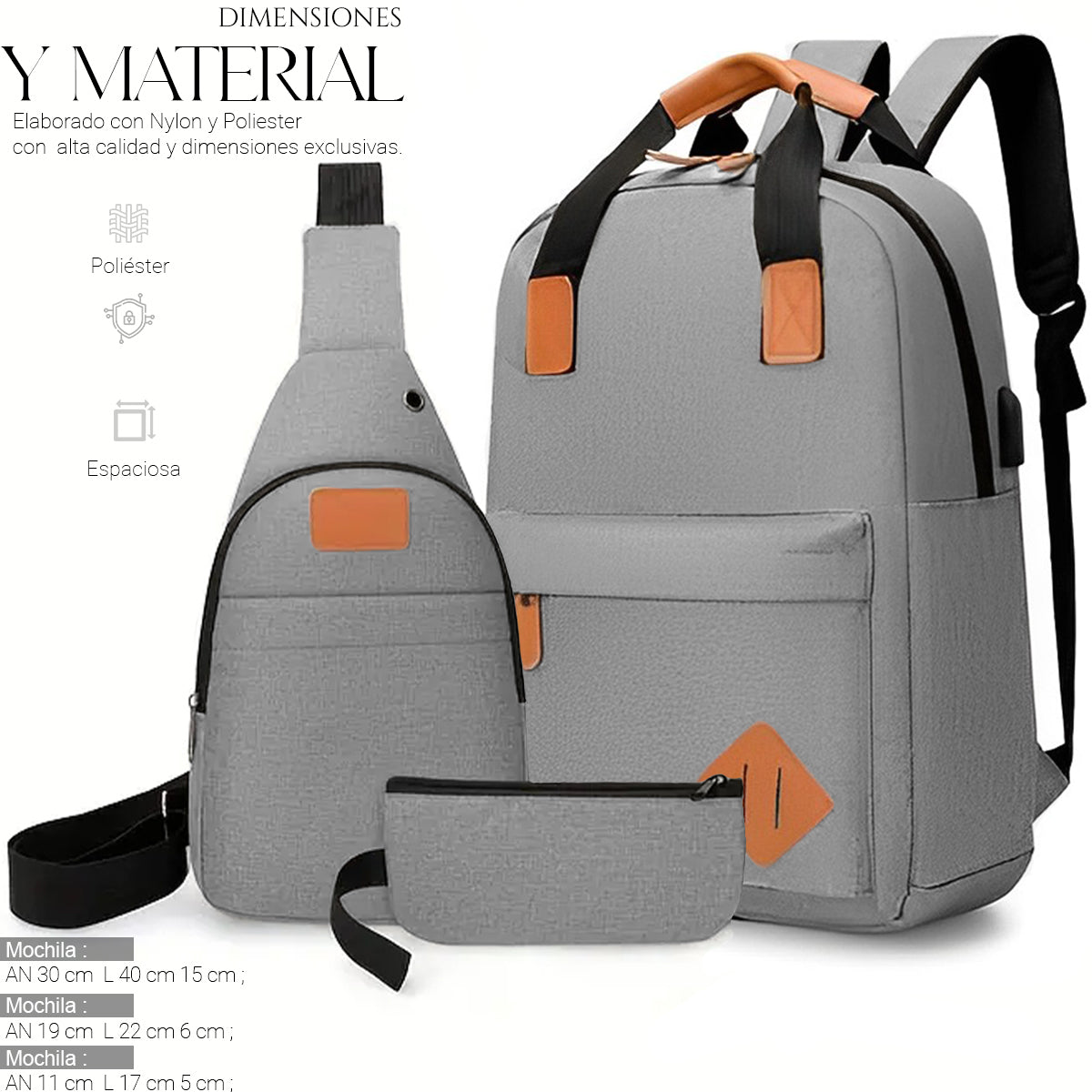 Mochila Backpack Impermeable Set De 3pzs Con Riñonera Y Puerto Usb