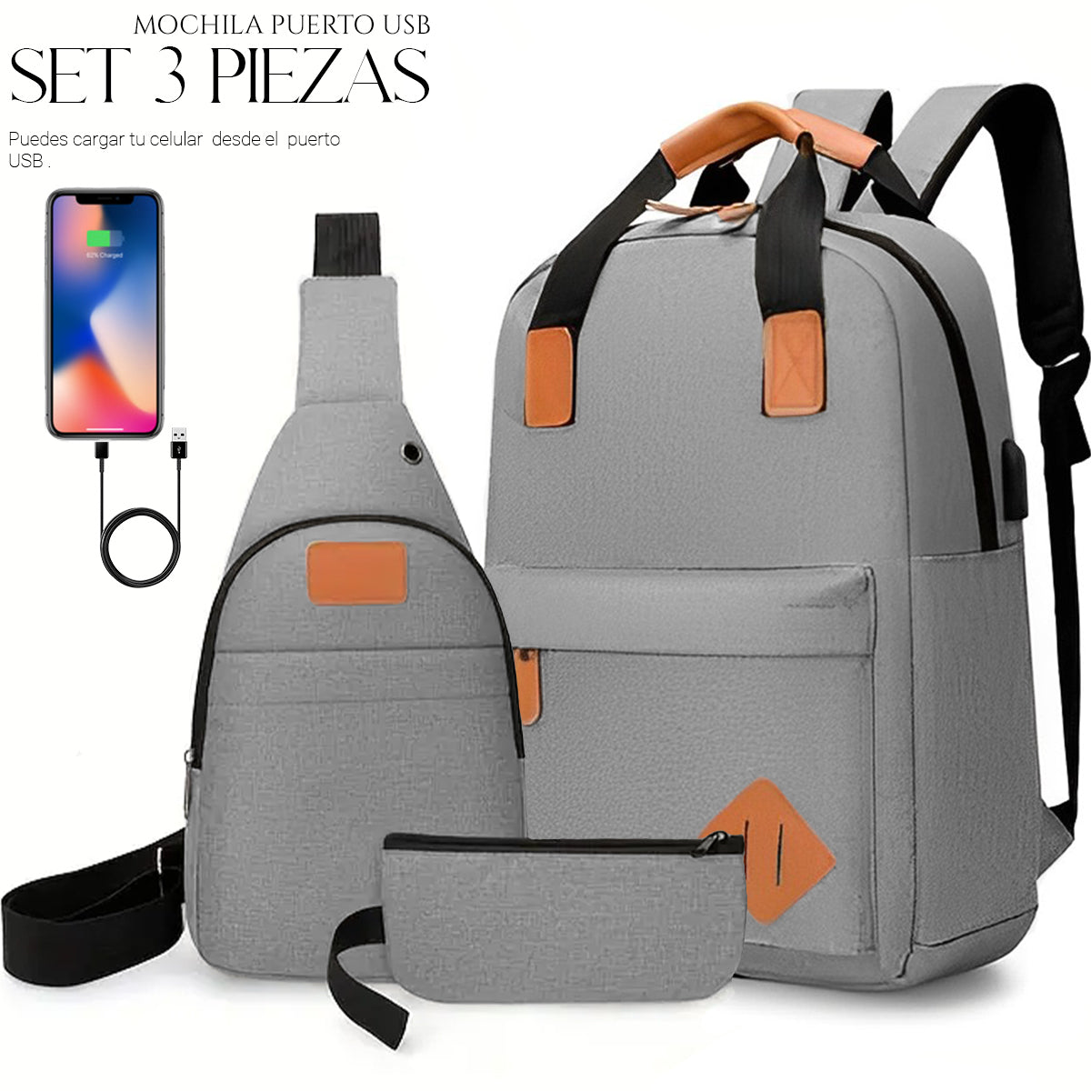Mochila Backpack Impermeable Set De 3pzs Con Riñonera Y Puerto Usb