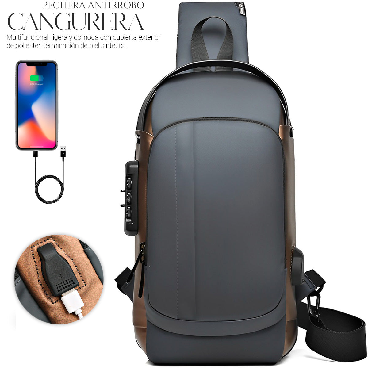 Mochila Bandolera Cruzada Pechera Antirrobo Tipo Piel Con Entrada Usb