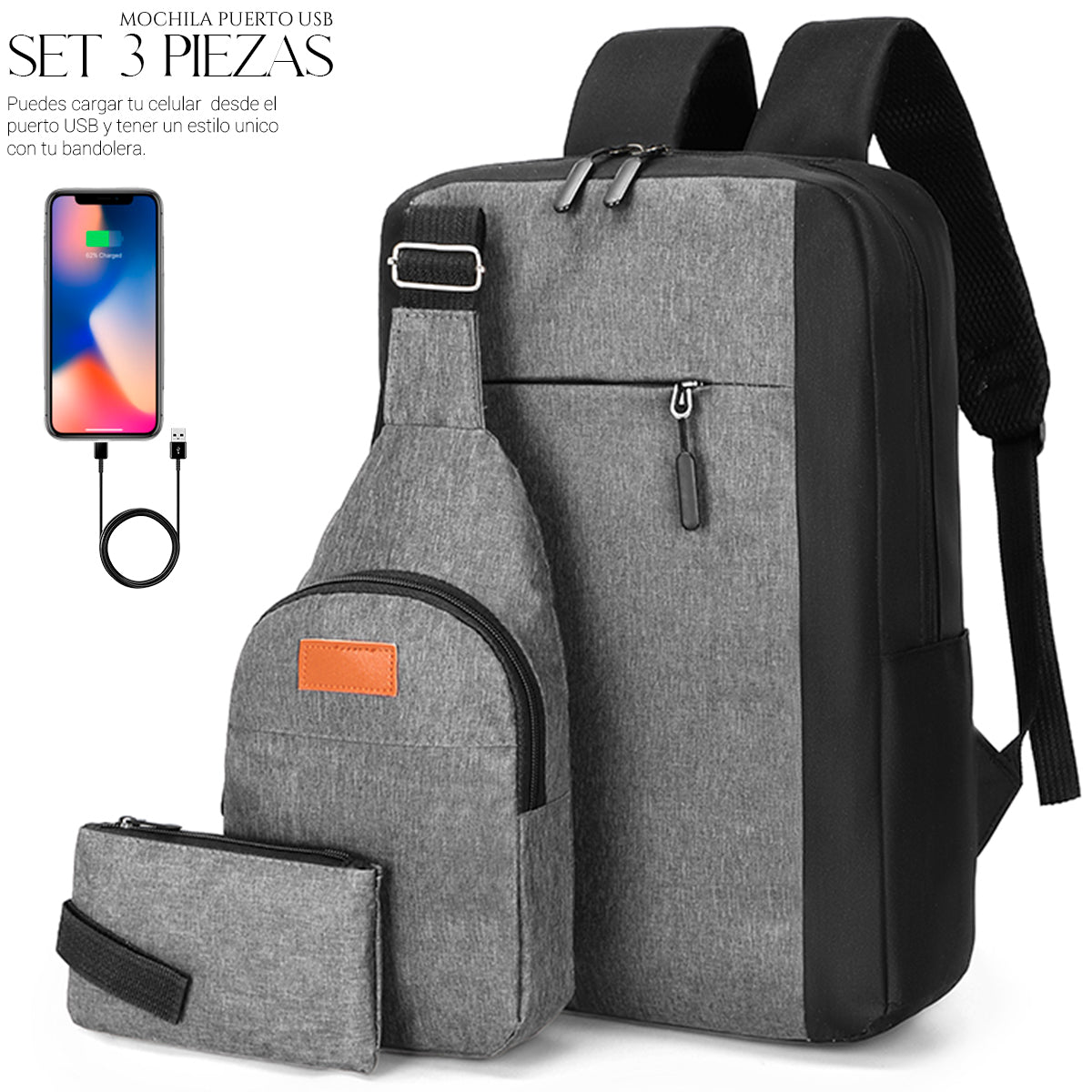 Mochila Backpack Impermeable Set De 3pzs Con Riñonera Y Puerto Usb