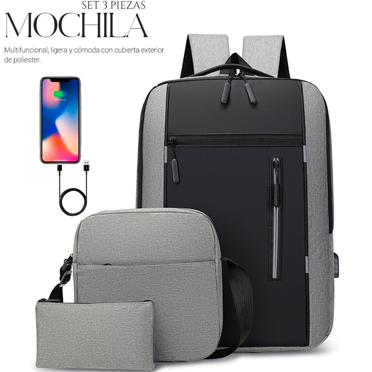 Set Mochila Backpack Con Puerto Usb (3pzas)