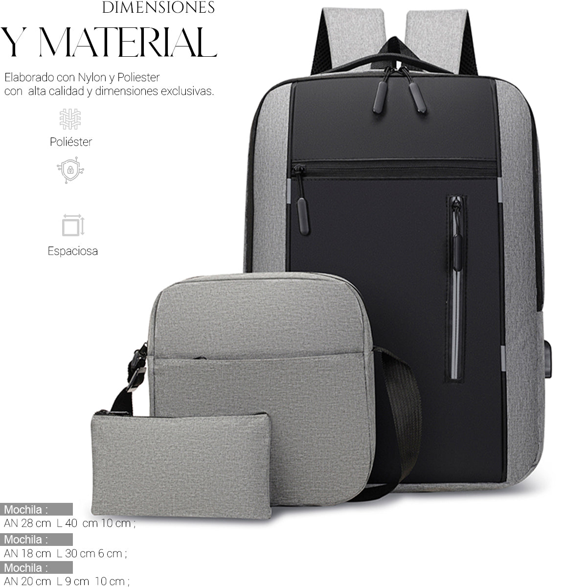 Set Mochila Backpack Con Puerto Usb (3pzas)