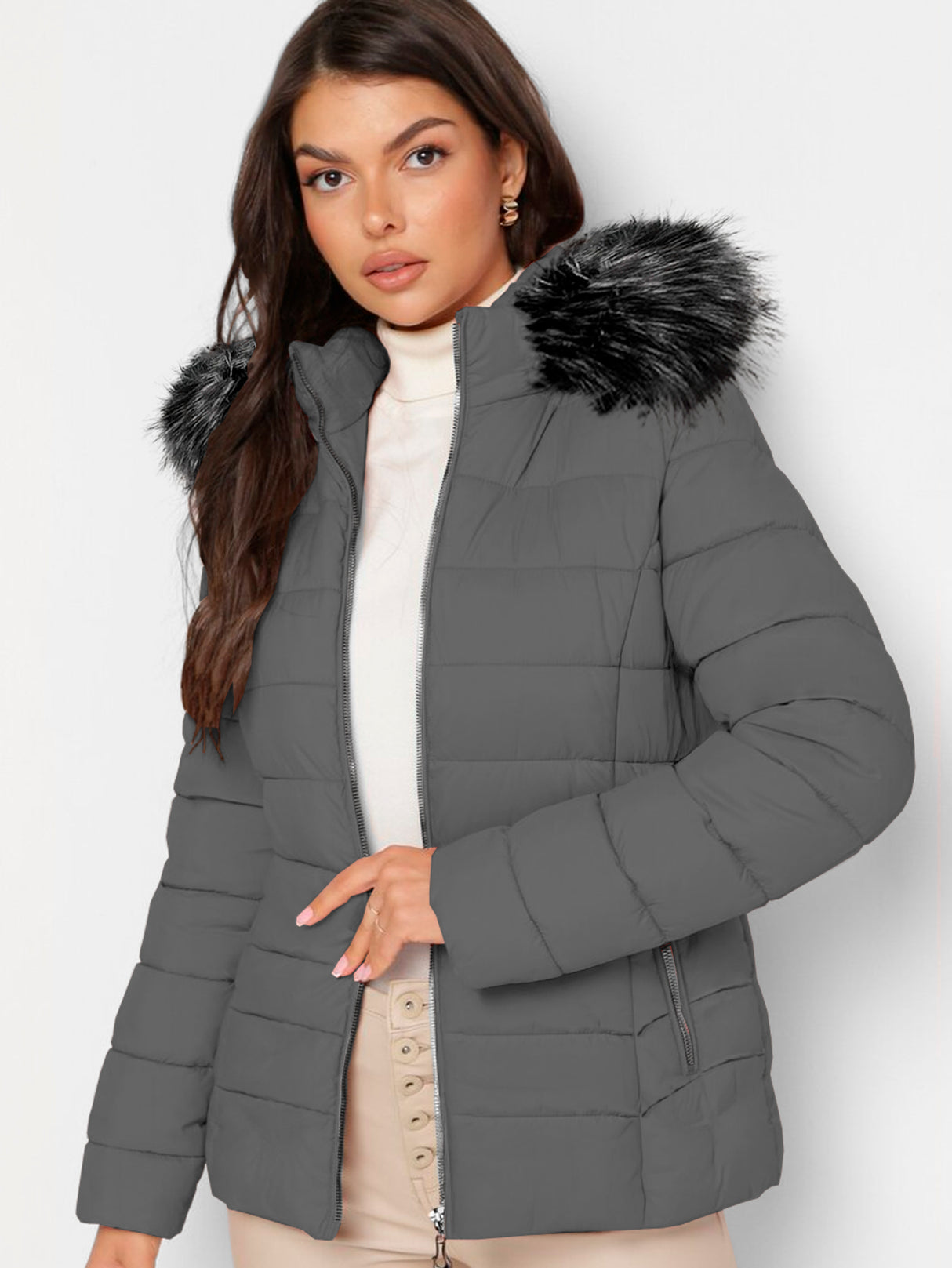 Chamarra Para Mujer Poliéster Cálido Con Cuello Tipo Piel