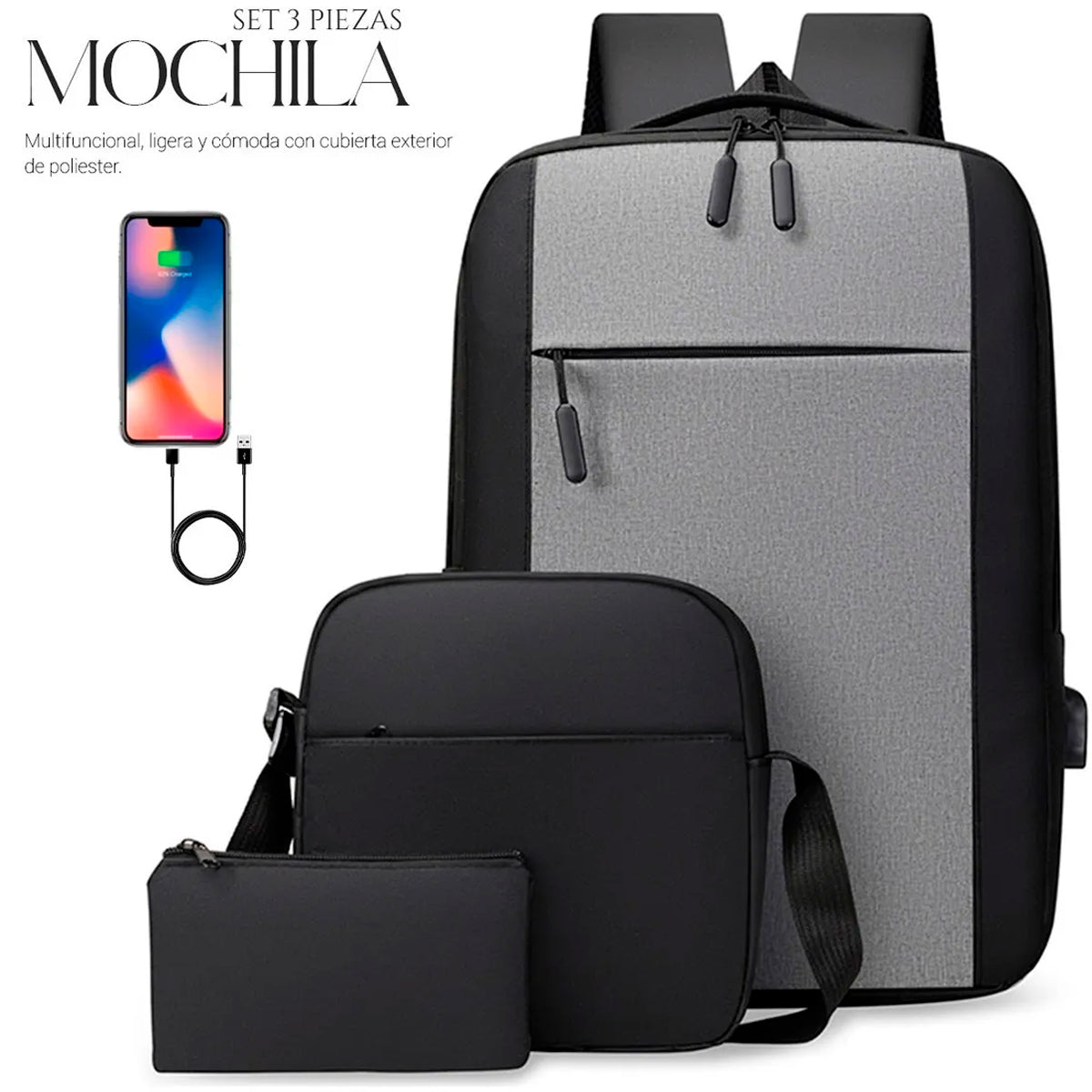 Set Mochila Backpack Con Puerto Usb (3pzas)