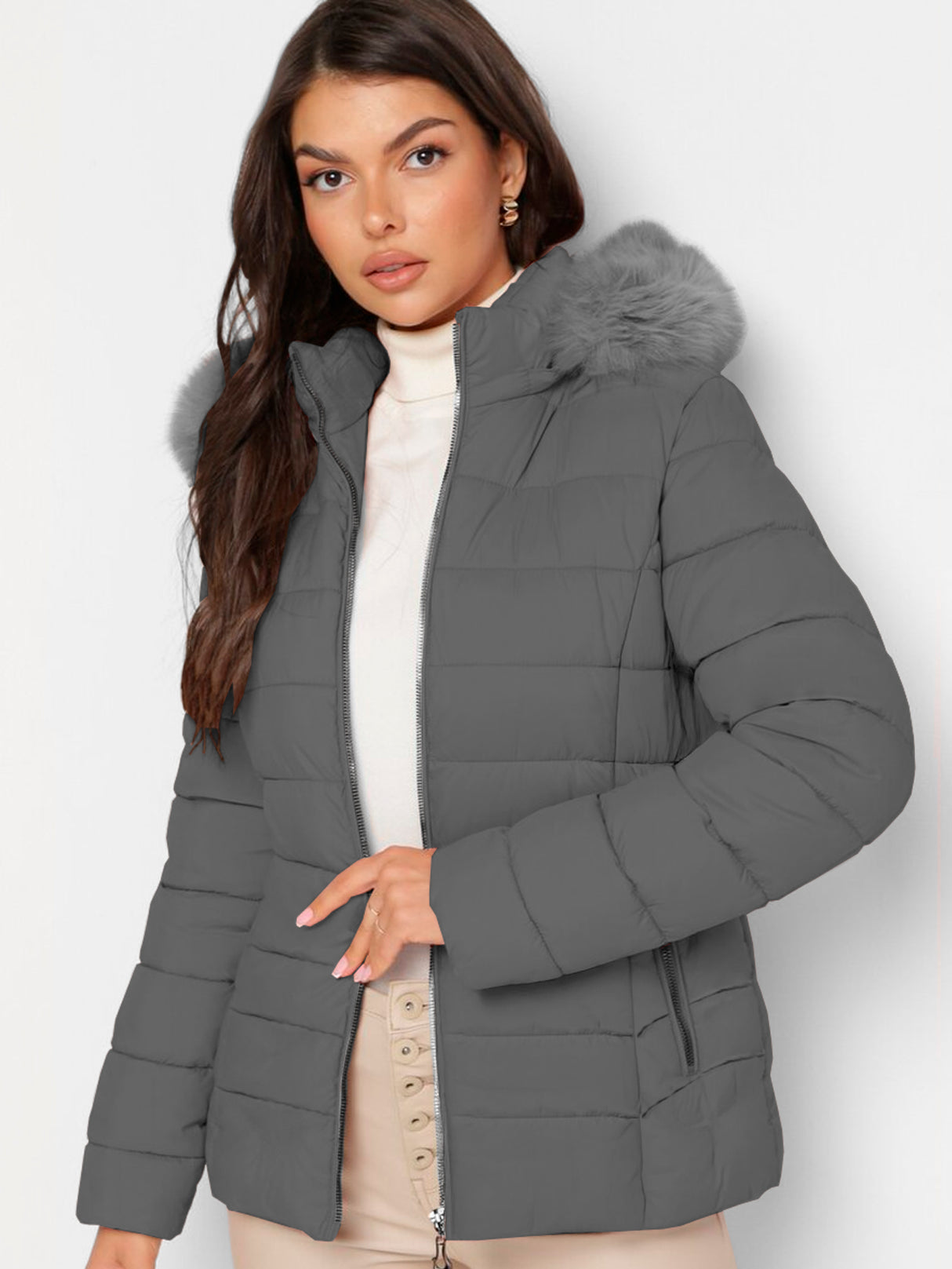 Chamarra Para Mujer Poliéster Cálido Con Cuello Tipo Piel