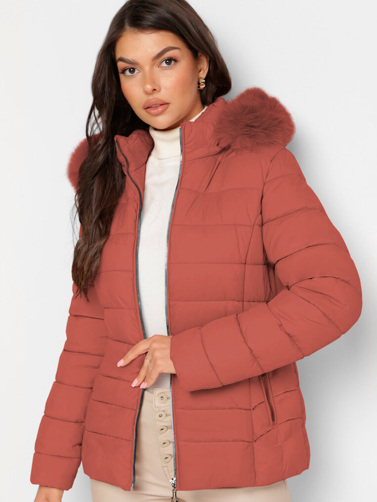 Chamarra Para Mujer Poliéster Cálido Con Cuello Tipo Piel