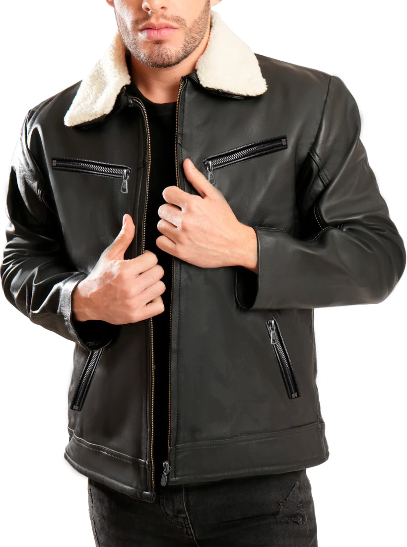 Chamarra Vinipiel Hombre Biker Chaqueta Impermeable Cuello Aborregado