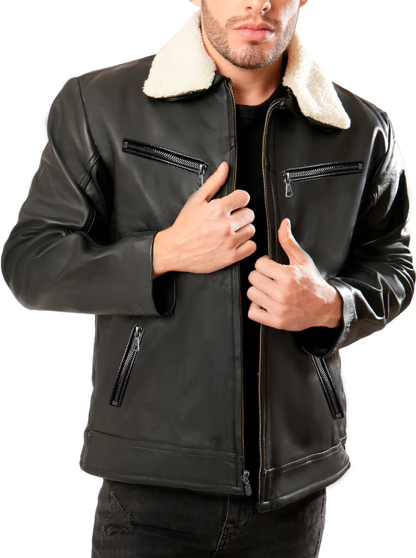 Chamarra Vinipiel Hombre Biker Chaqueta Impermeable Cuello Aborregado