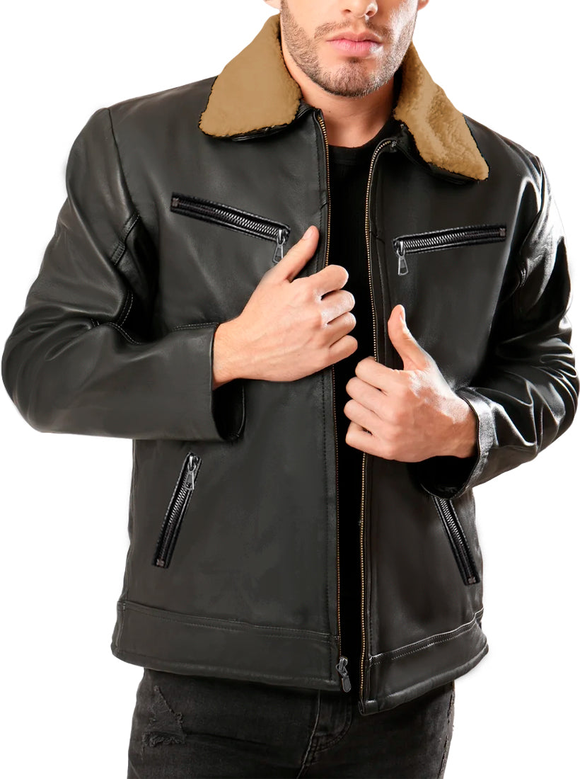 Chamarra Vinipiel Hombre Biker Chaqueta Impermeable Cuello Aborregado