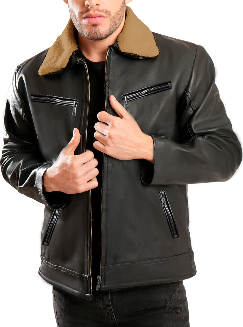 Chamarra Vinipiel Hombre Biker Chaqueta Impermeable Cuello Aborregado