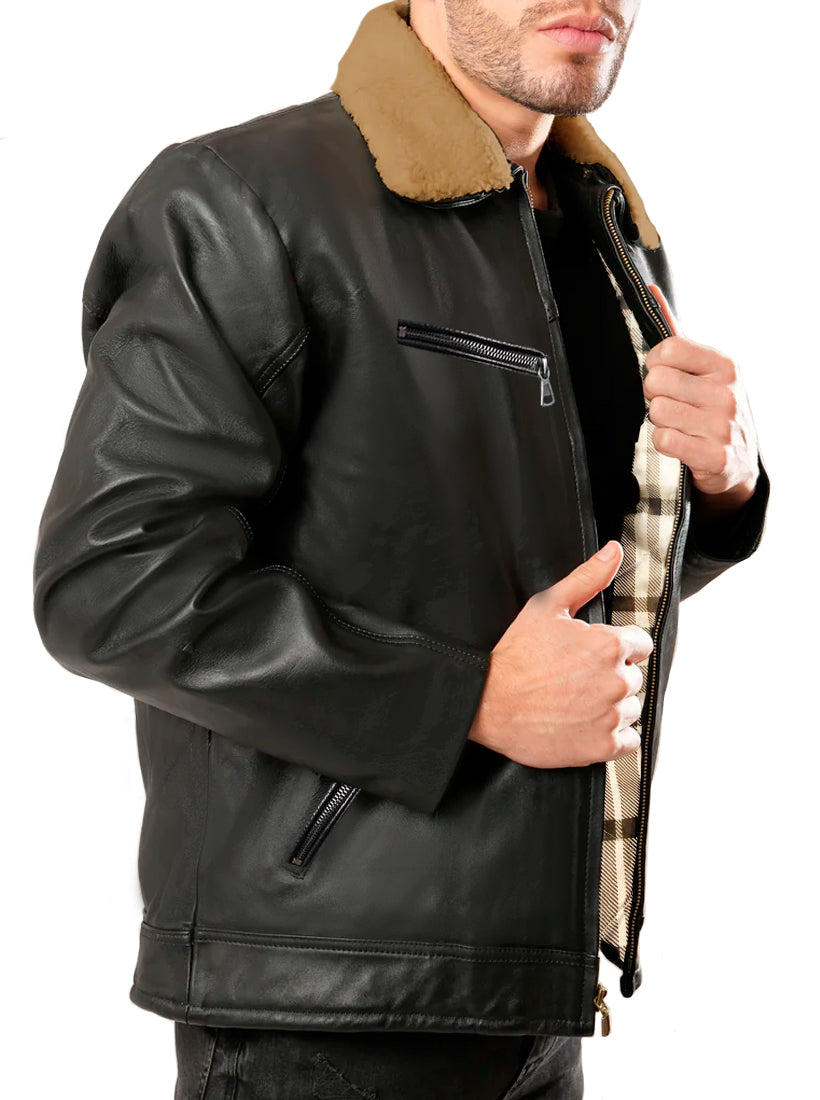 Chamarra Vinipiel Hombre Biker Chaqueta Impermeable Cuello Aborregado