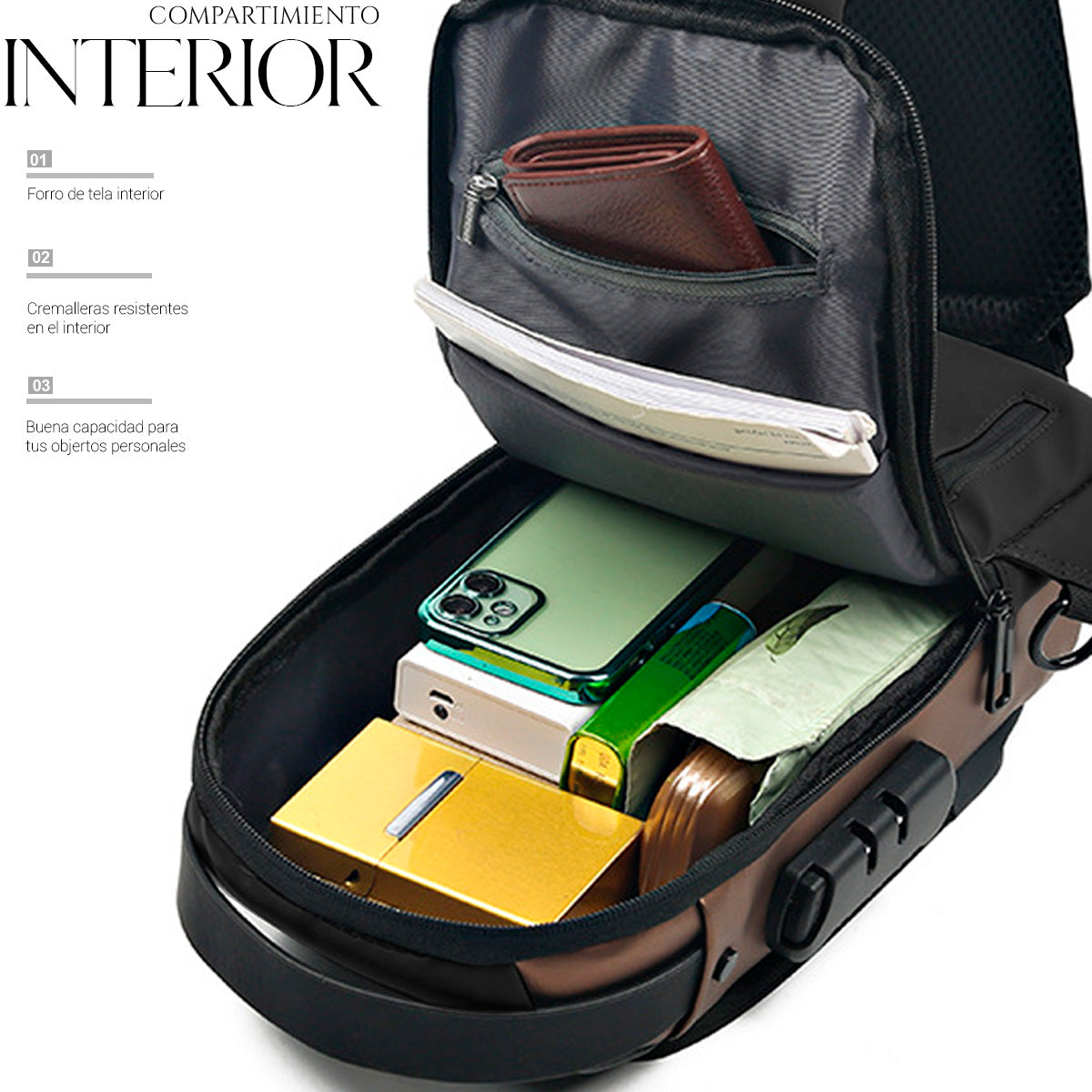 Mochila Bandolera Cruzada Pechera Antirrobo Tipo Piel Con Entrada Usb