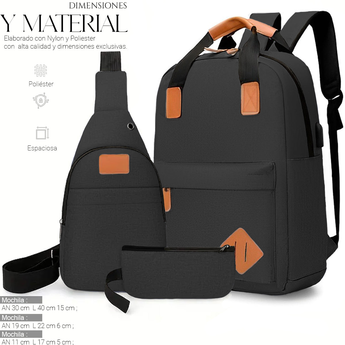 Mochila Backpack Impermeable Set De 3pzs Con Riñonera Y Puerto Usb