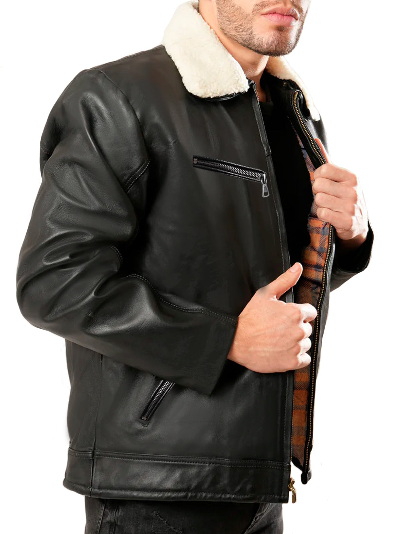 Chamarra Vinipiel Hombre Biker Chaqueta Impermeable Cuello Aborregado