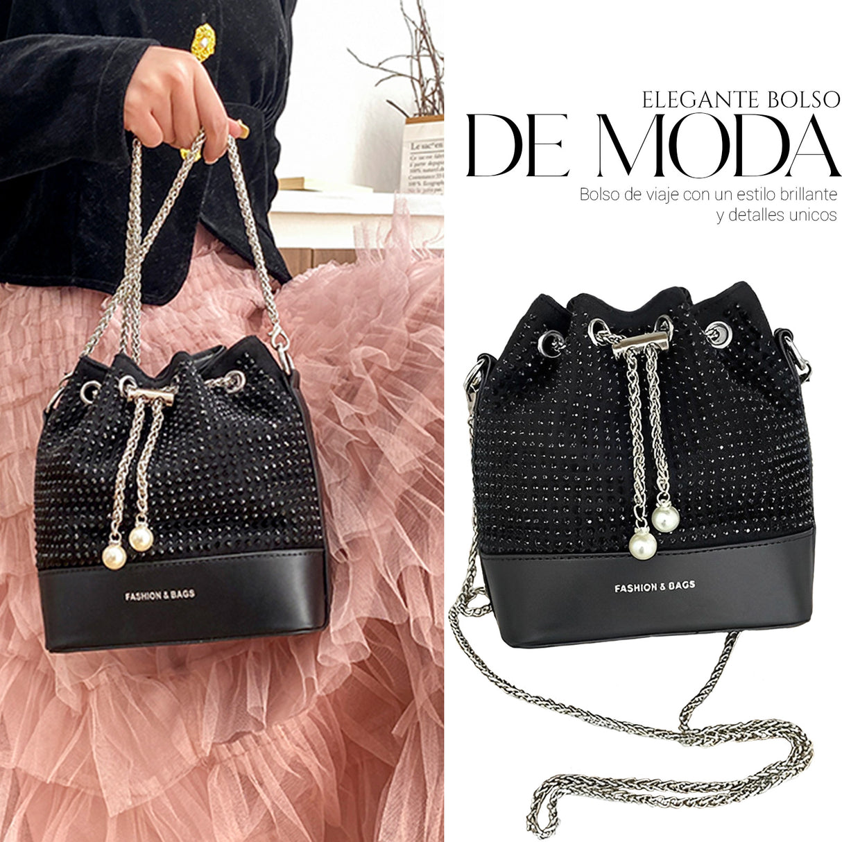 Bolso De Mano Con Pedreria De Cristales Brillantes Tipo Piel