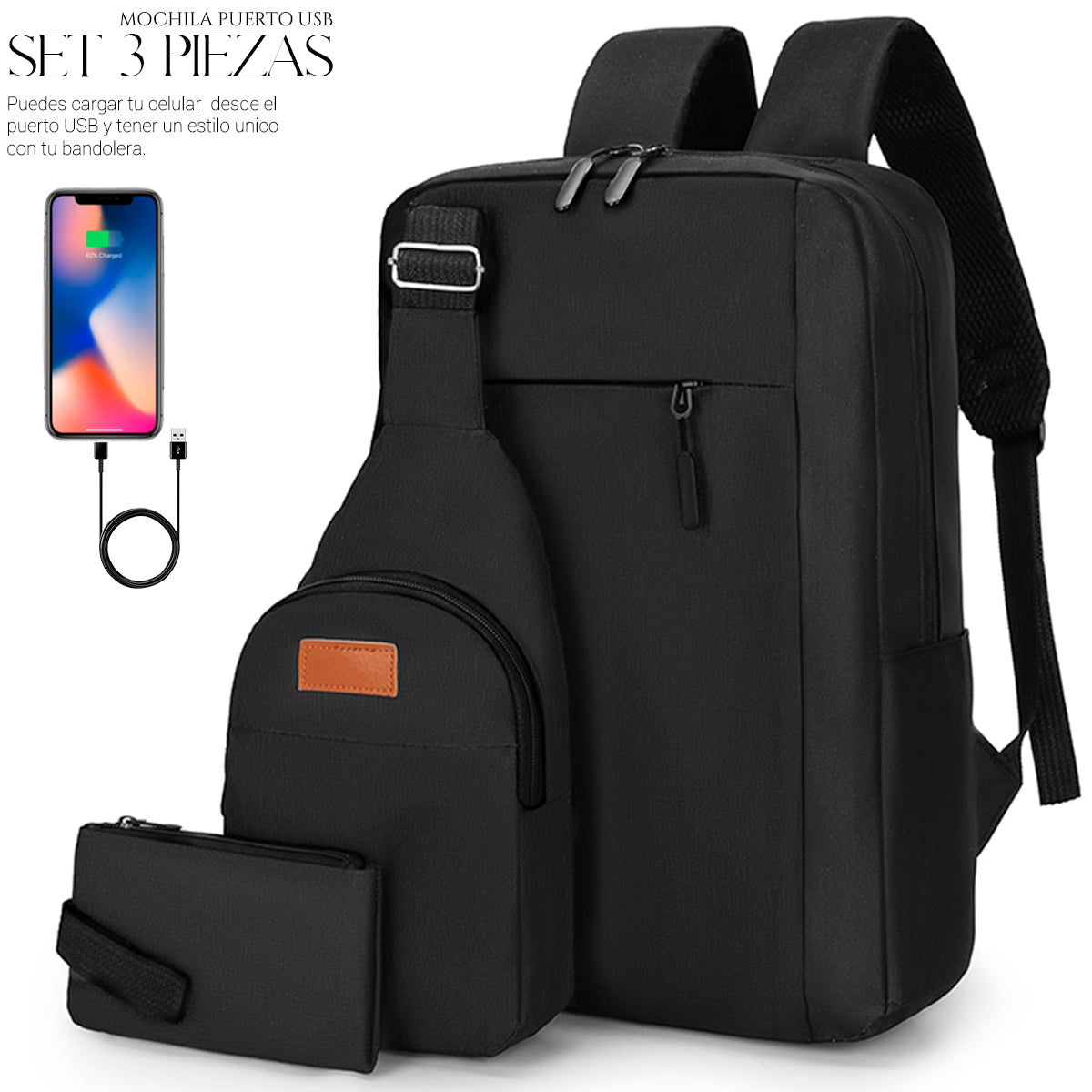 Mochila Backpack Impermeable Set De 3pzs Con Riñonera Y Puerto Usb