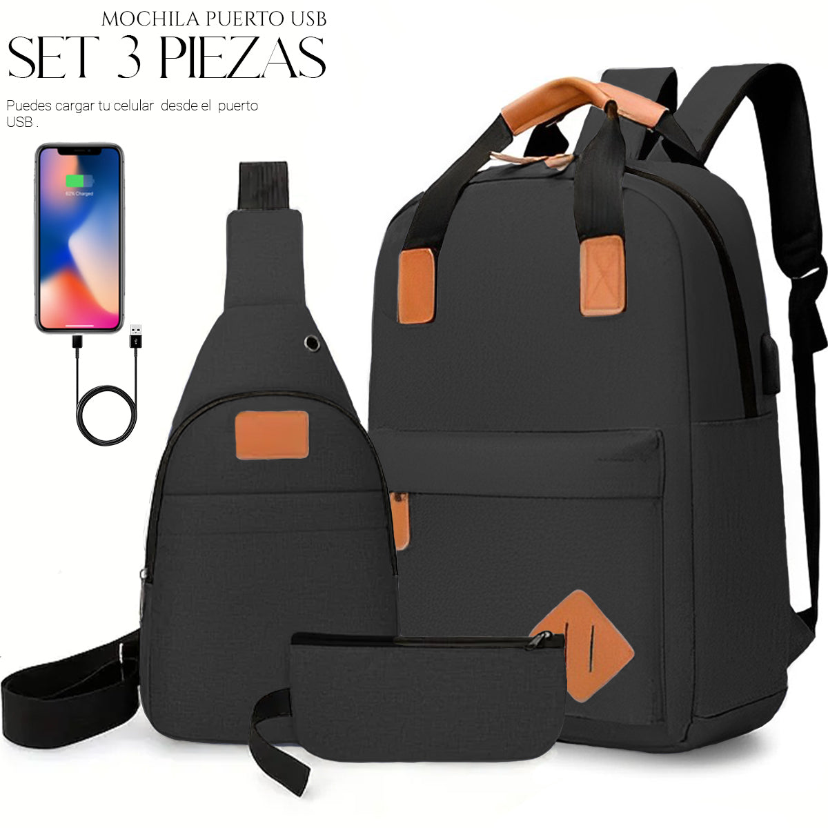 Mochila Backpack Impermeable Set De 3pzs Con Riñonera Y Puerto Usb