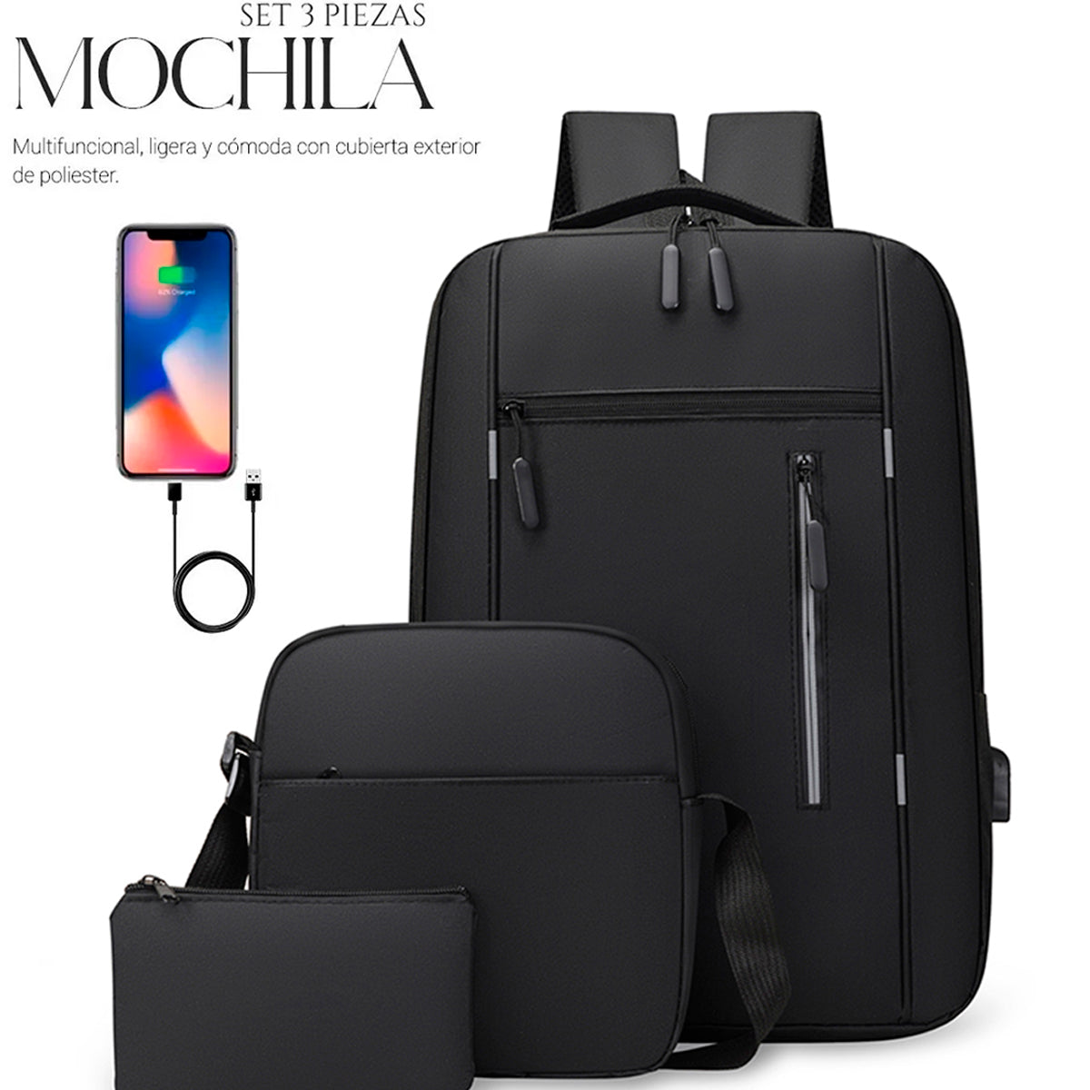 Set Mochila Backpack Con Puerto Usb (3pzas)