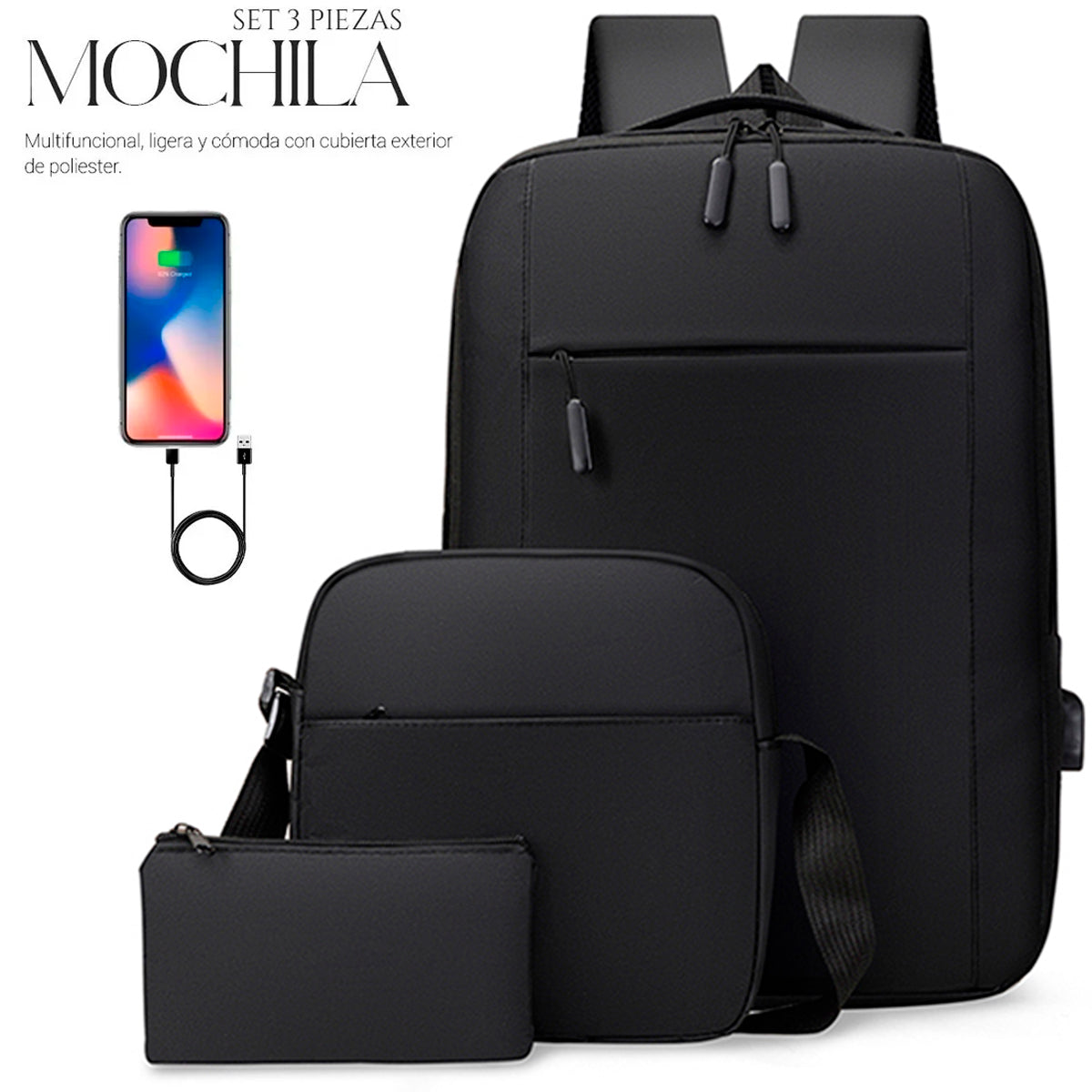 Set Mochila Backpack Con Puerto Usb (3pzas)