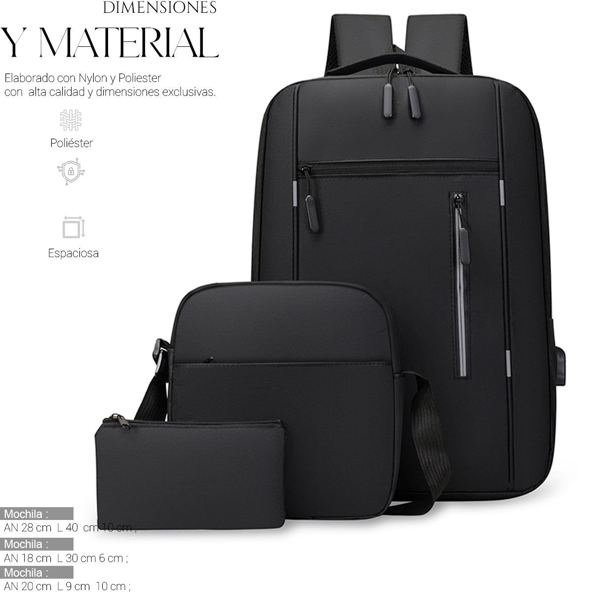 Set Mochila Backpack Con Puerto Usb (3pzas)
