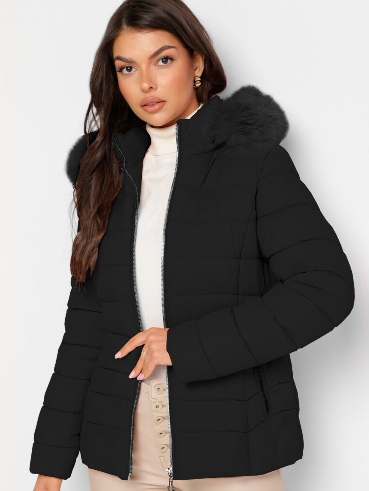 Chamarra Para Mujer Poliéster Cálido Con Cuello Tipo Piel