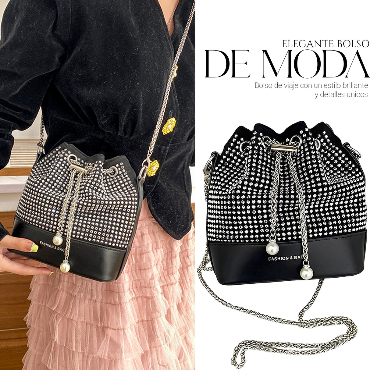 Bolso De Mano Con Pedreria De Cristales Brillantes Tipo Piel