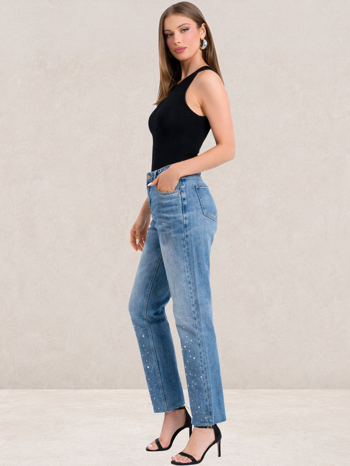 Pantalón Mezclilla Azul Jaspeado Recto Ancho Tiro Alto Demin Mujer Jeans