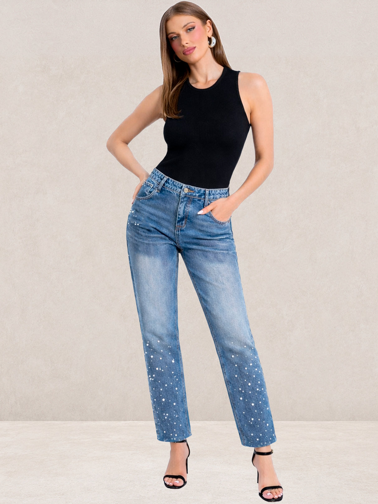 Pantalón Mezclilla Azul Jaspeado Recto Ancho Tiro Alto Demin Mujer Jeans Mayoreo