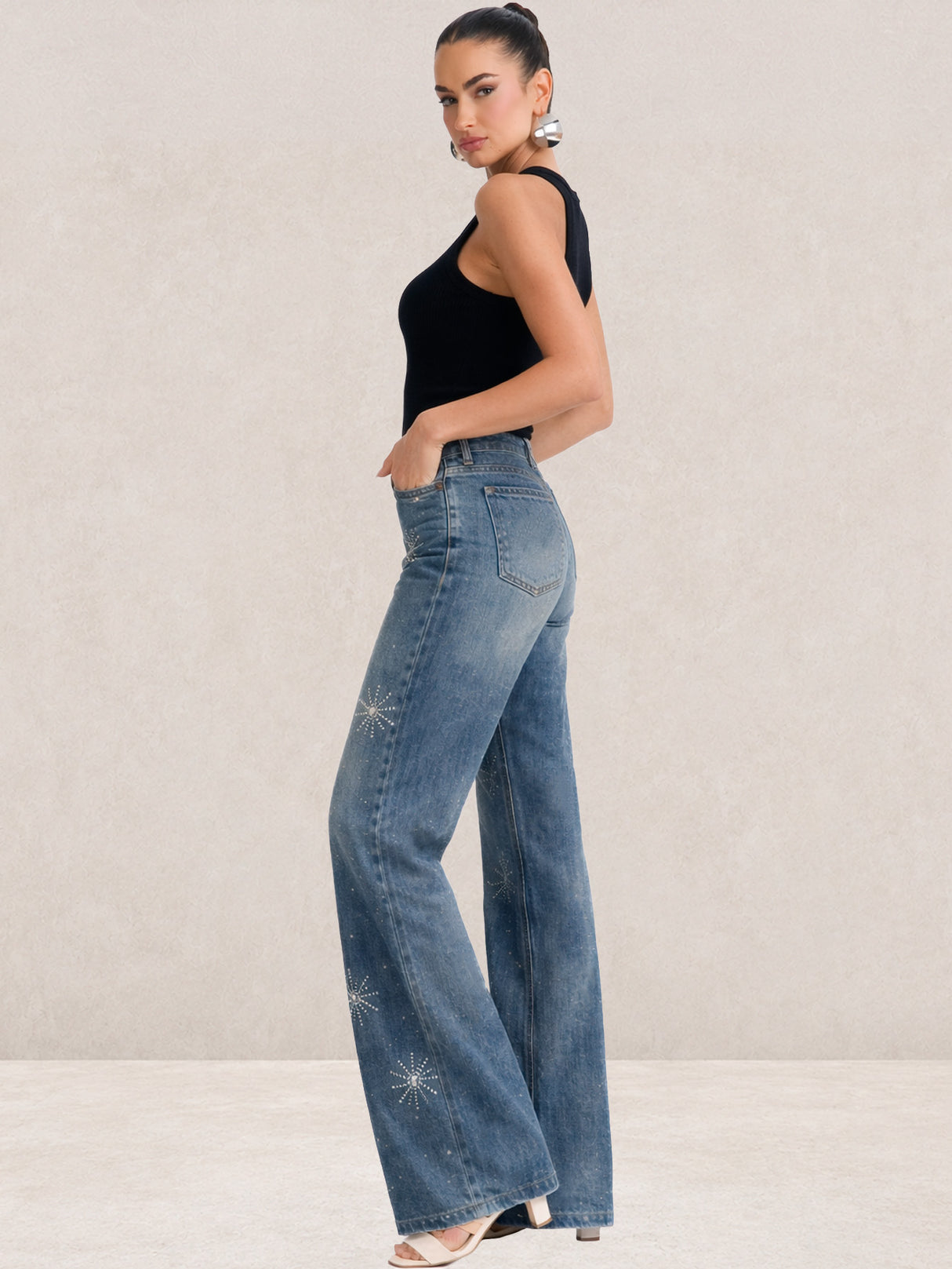 Pantalón Mezclilla Azul Navi Recto Ancho con Brillos Tiro Alto Demin Mujer Jeans