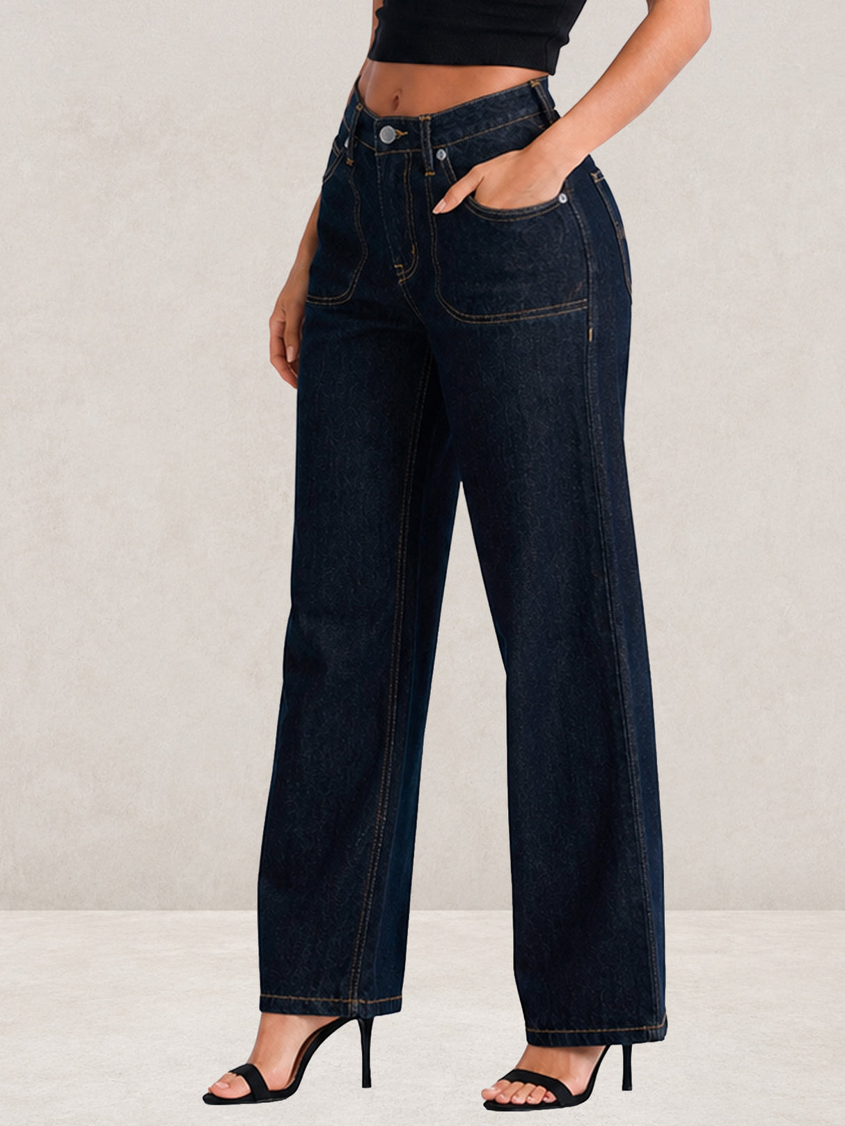 Pantalón Mezclilla Azul Indigo Recto Ancho Tiro Alto Demin Mujer Jeans