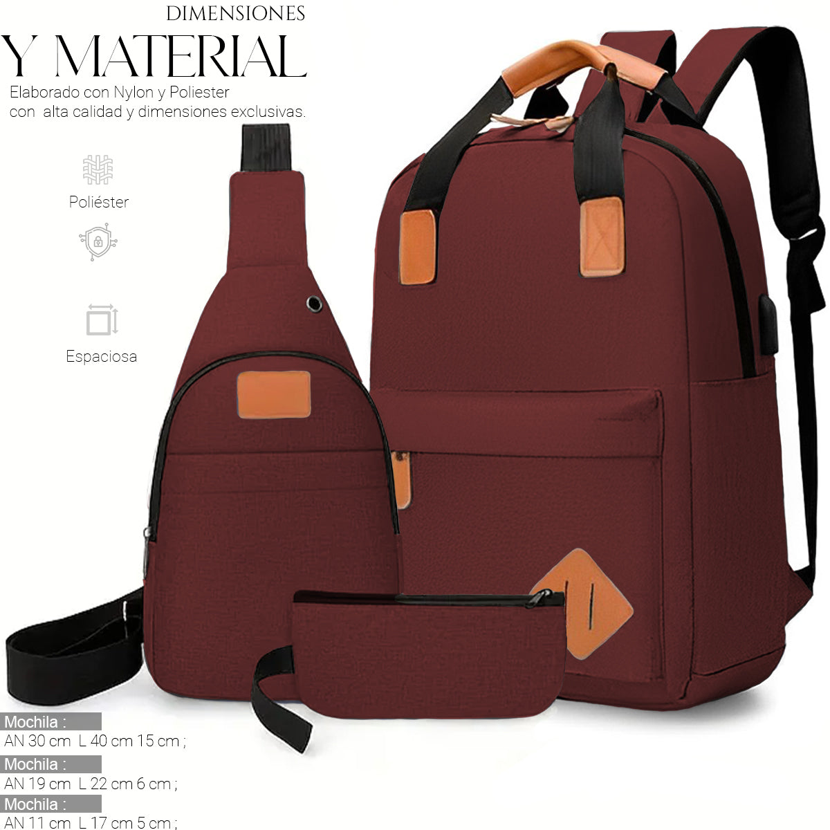 Mochila Backpack Impermeable Set De 3pzs Con Riñonera Y Puerto Usb