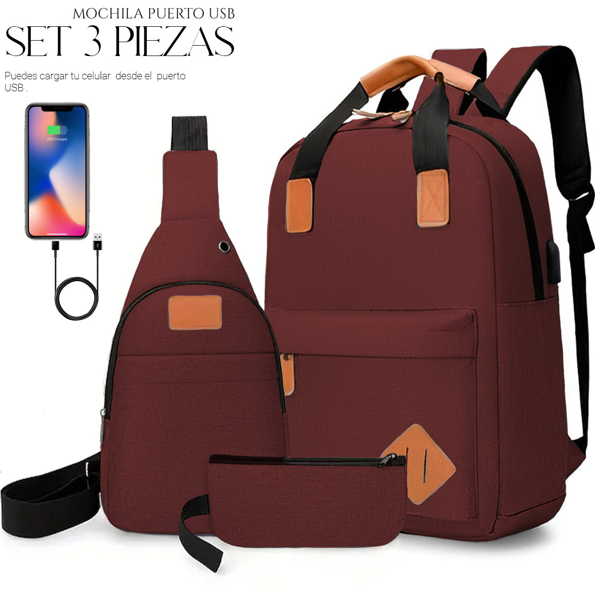 Mochila Backpack Impermeable Set De 3pzs Con Riñonera Y Puerto Usb