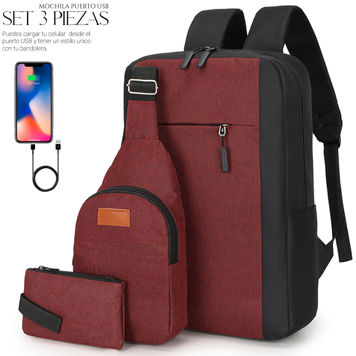 Mochila Backpack Impermeable Set De 3pzs Con Riñonera Y Puerto Usb