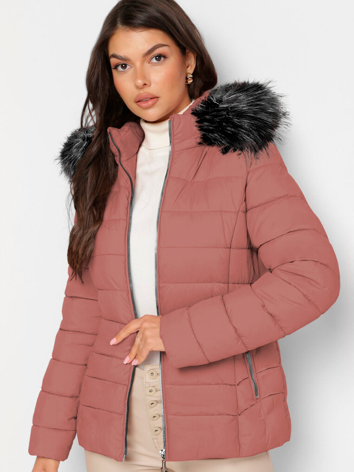 Chamarra Para Mujer Poliéster Cálido Con Cuello Tipo Piel