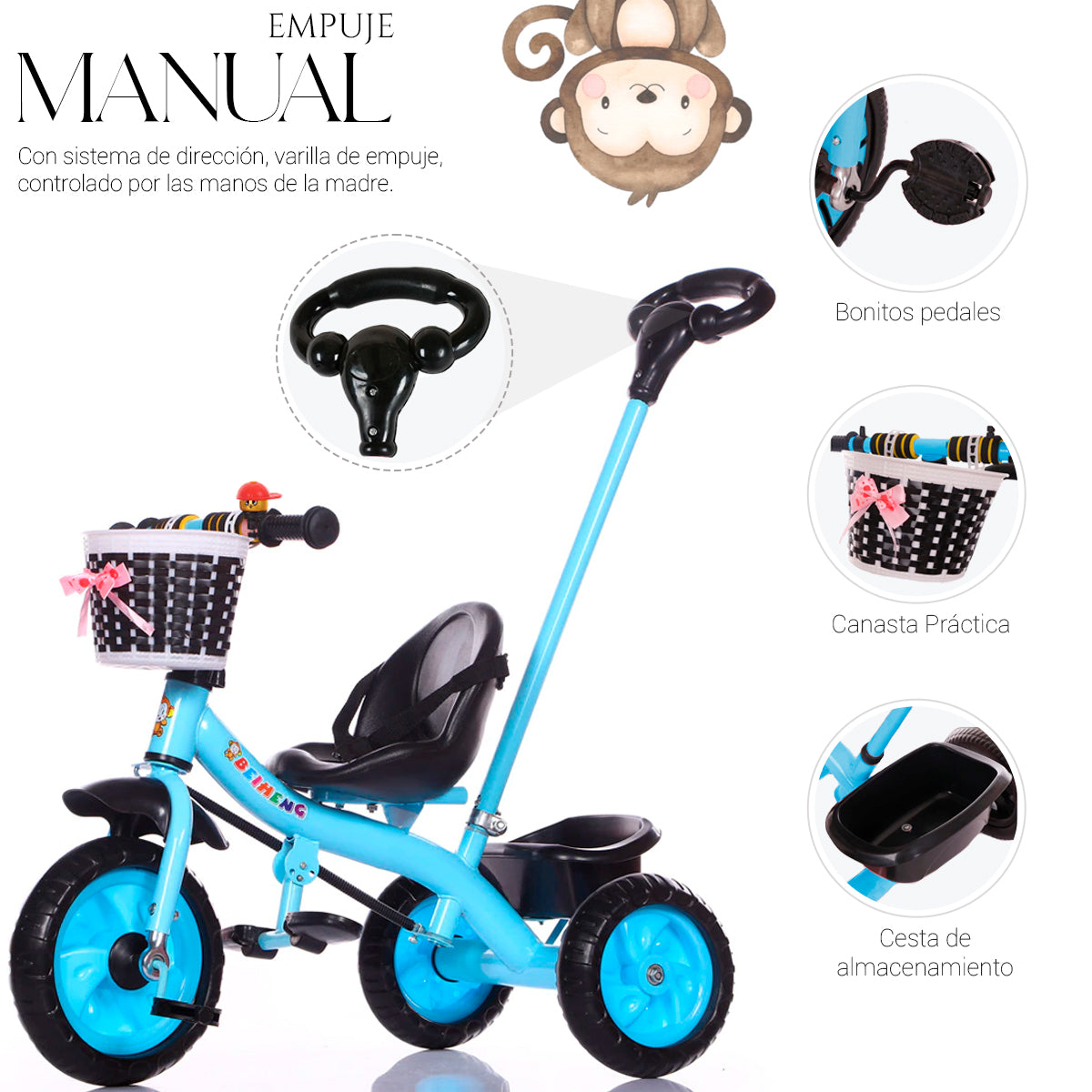 Triciclo de 3 Ruedas con Canastilla Delantera Baston de Seguimiento