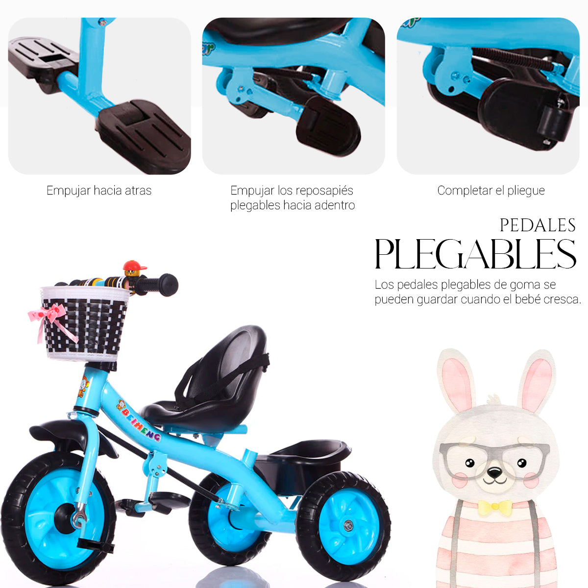 Triciclo de 3 Ruedas con Canastilla Delantera Baston de Seguimiento