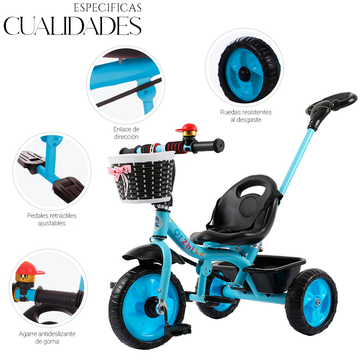 Triciclo de 3 Ruedas con Canastilla Delantera Baston de Seguimiento