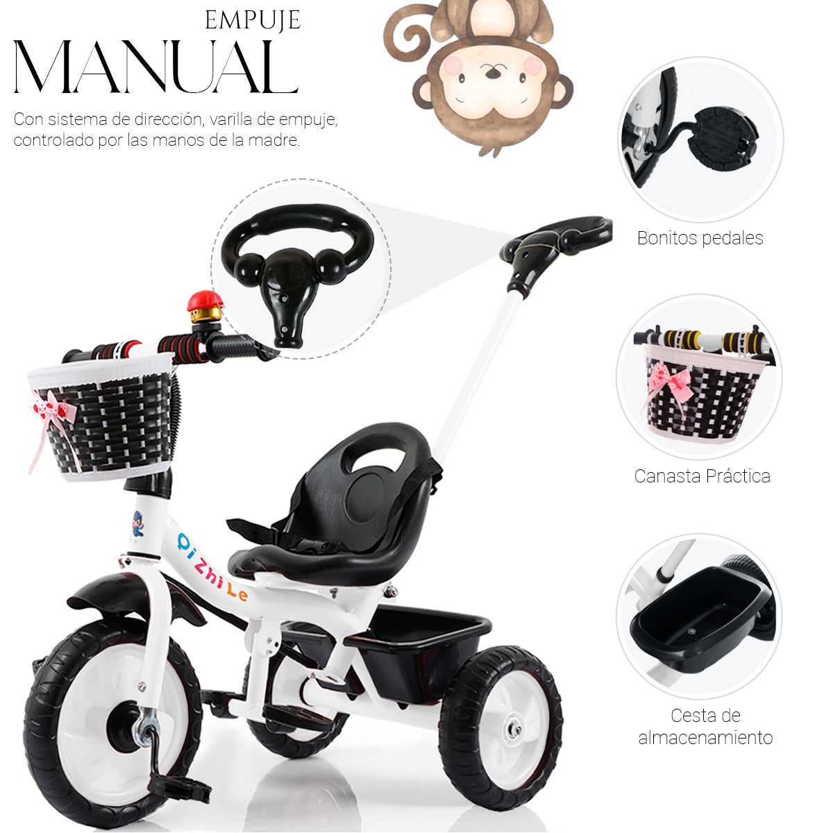 Triciclo de 3 Ruedas con Canastilla Delantera Baston de Seguimiento