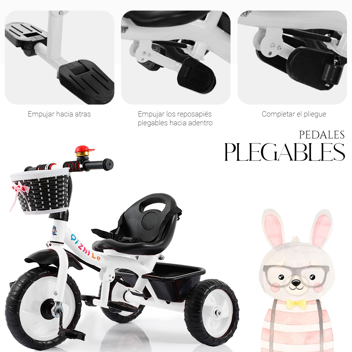 Triciclo de 3 Ruedas con Canastilla Delantera Baston de Seguimiento