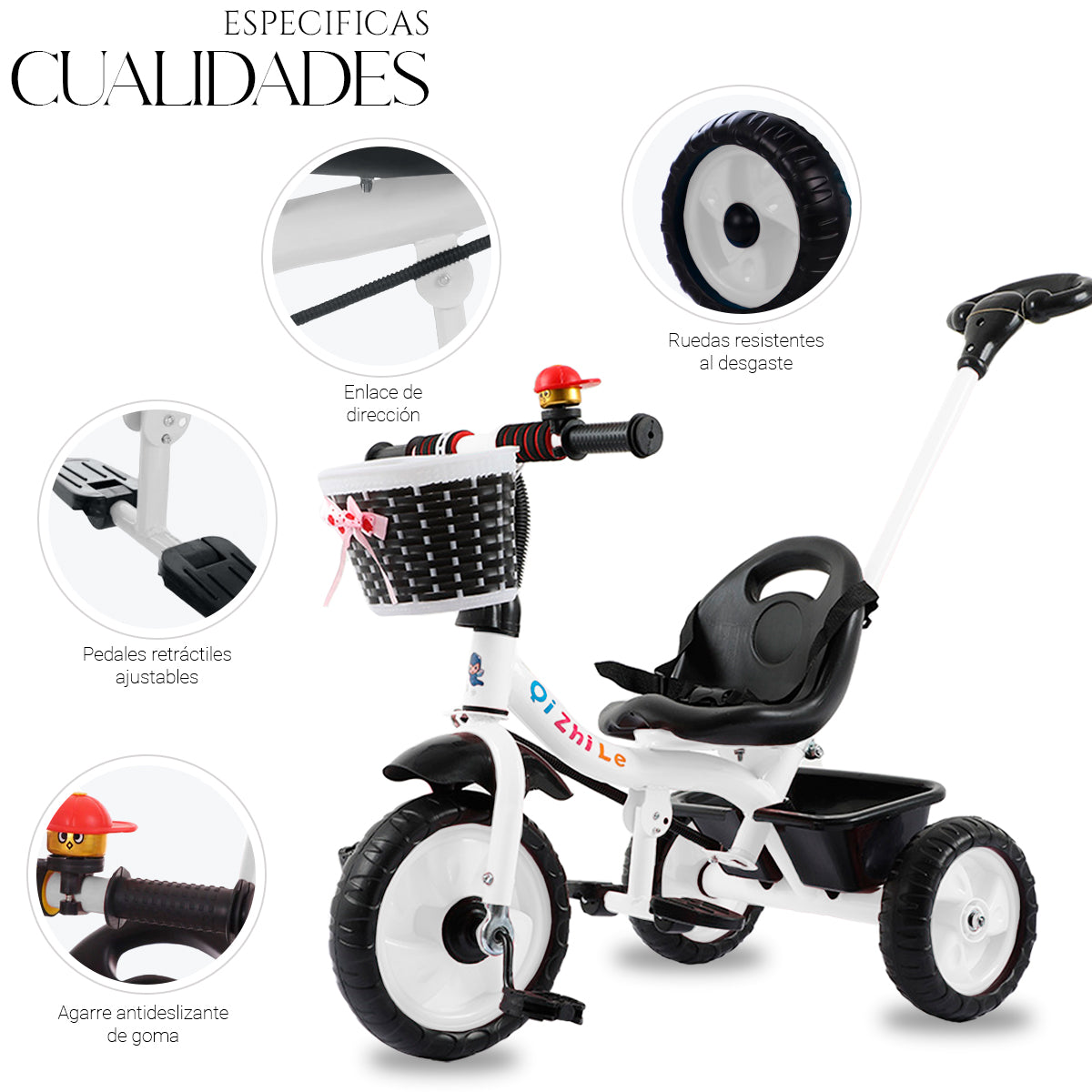 Triciclo de 3 Ruedas con Canastilla Delantera Baston de Seguimiento