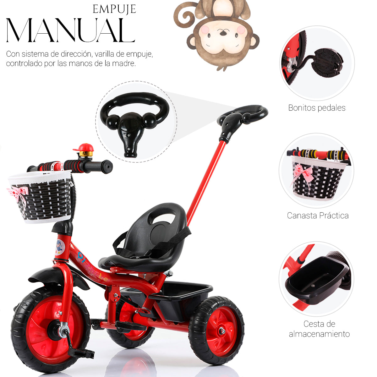 Triciclo de 3 Ruedas con Canastilla Delantera Baston de Seguimiento