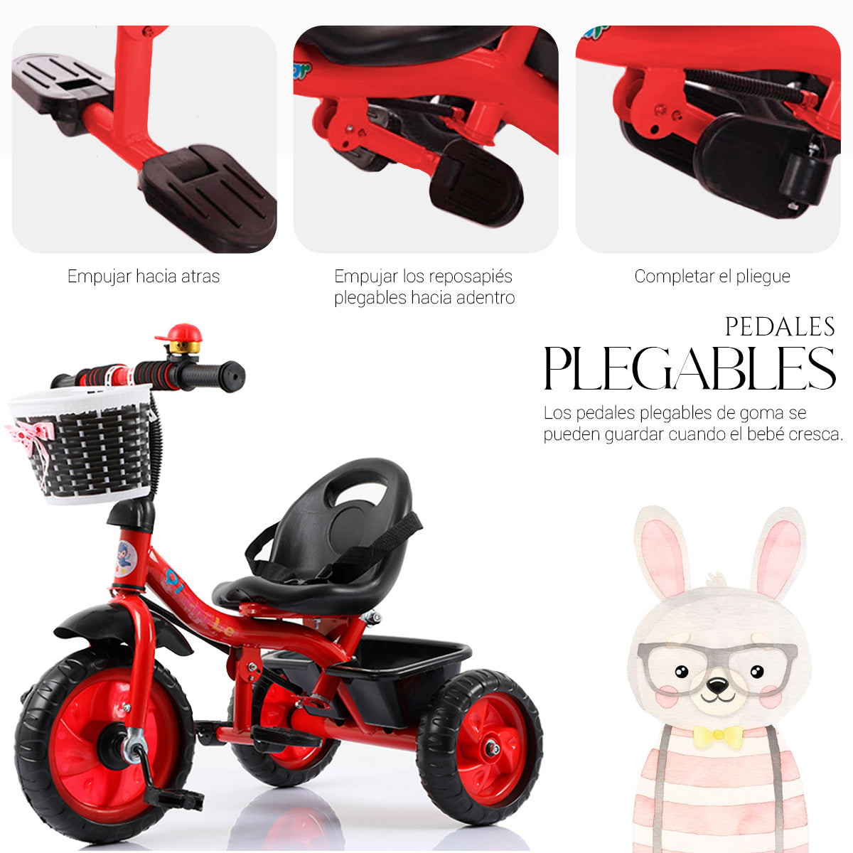 Triciclo de 3 Ruedas con Canastilla Delantera Baston de Seguimiento